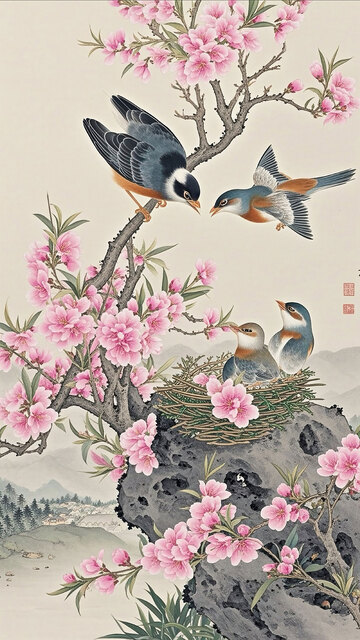 彩色中国风古风工笔画春天花鸟图2