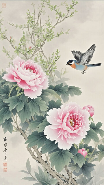 彩色中国风古风工笔画春天花鸟图3