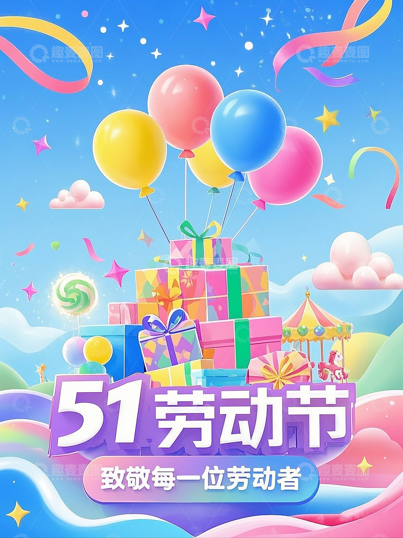 高清大图下载【趣麦麦图】五一劳动节彩虹气球电商海报