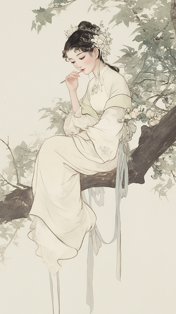 枝上汉服佳人的温婉凝思 