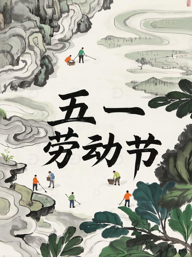 五一劳动节水墨风格海报