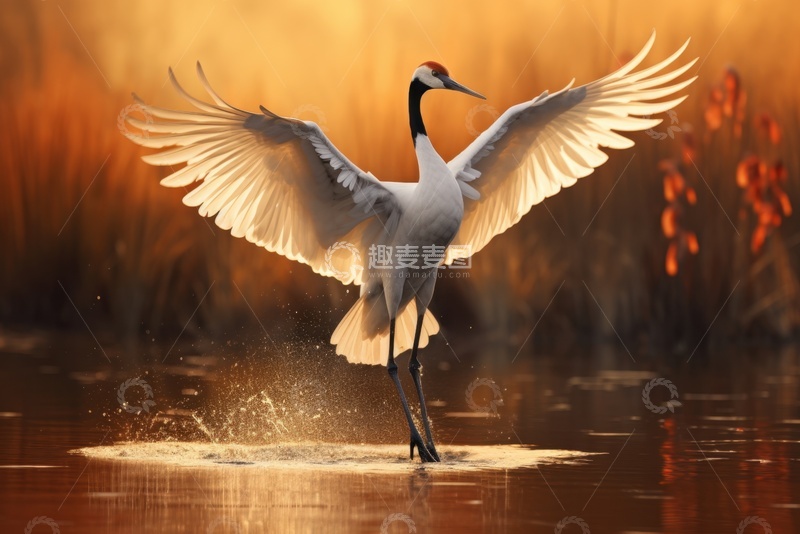高清大图下载【趣麦麦图】湖里展翅的一只仙鹤