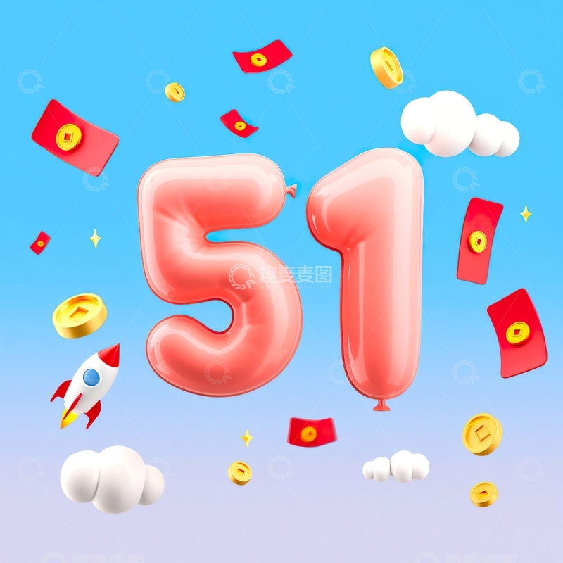 高清大图下载【趣麦麦图】劳动节3D立体数字51艺术字17