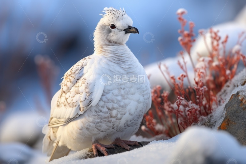 高清大图下载【趣麦麦图】站在雪地里的白色山鸡