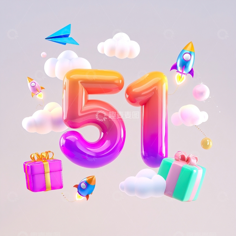 高清大图下载【趣麦麦图】劳动节3D立体数字51艺术字10