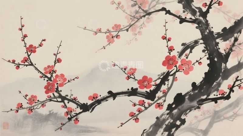 高清大图下载【趣麦麦图】中国风梅花山水背景图