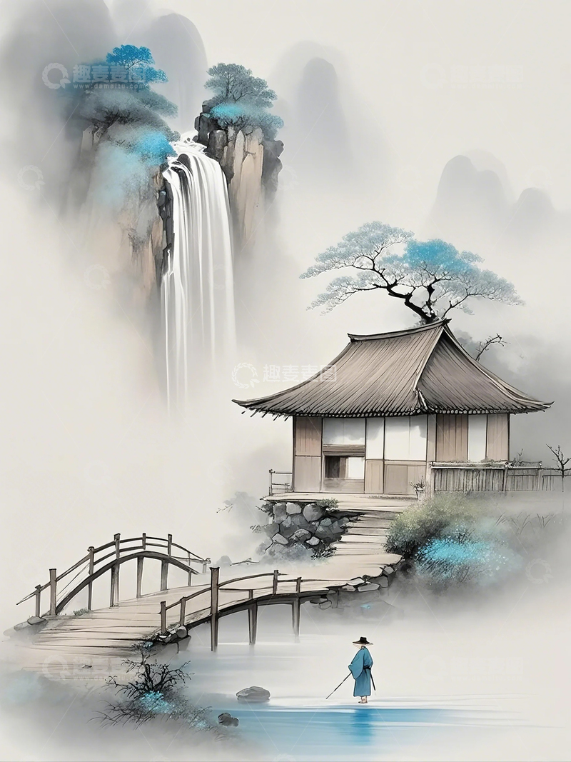 高清大图下载【趣麦麦图】创意古风古诗词小桥流水人家插画 