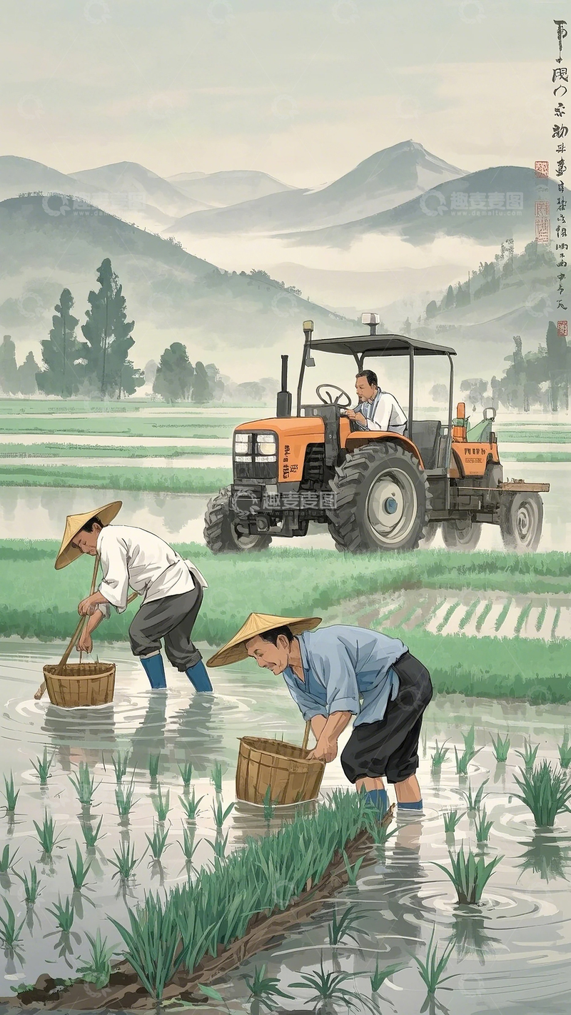 高清大图下载【趣麦麦图】中国传统工笔画五一劳动节农民劳作古风插画2