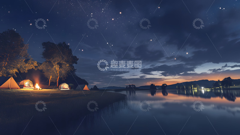 高清大图下载【趣麦麦图】露营在户外的星空手绘插画1
