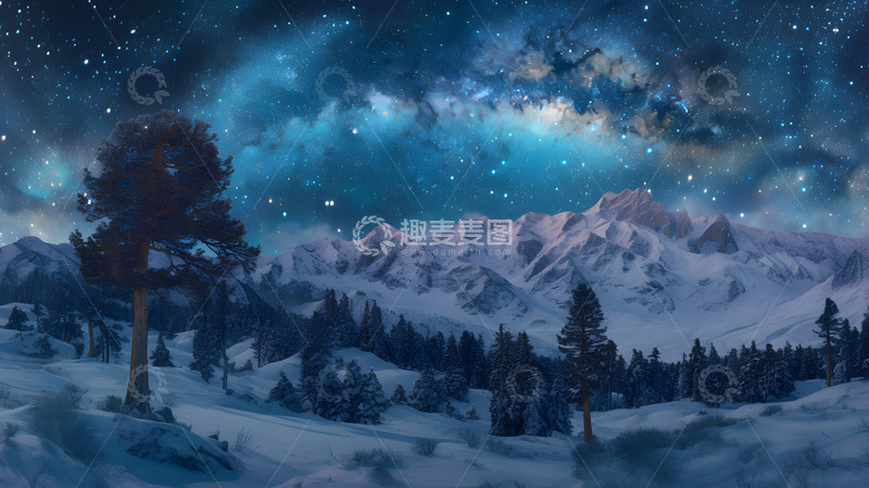 高清大图下载【趣麦麦图】冬季雪山上的壮丽星空