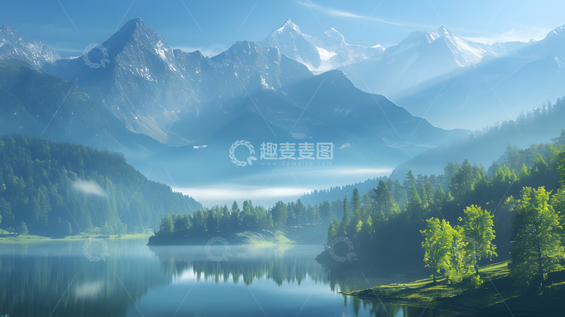 高清大图下载【趣麦麦图】晴朗冬日下的雪山河流1