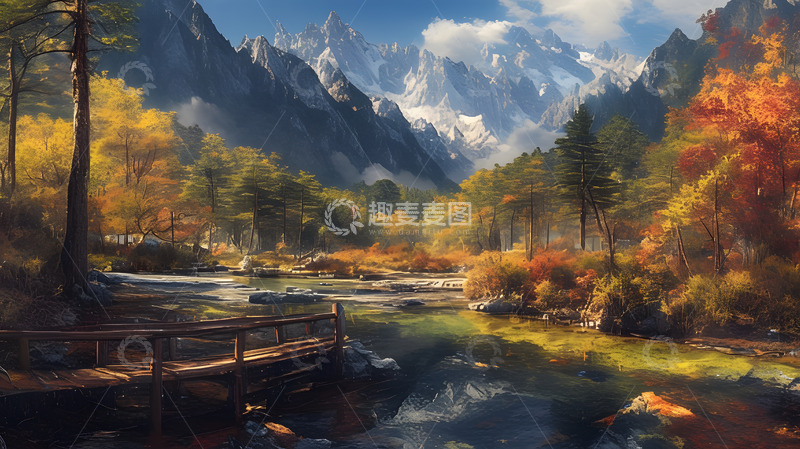 高清大图下载【趣麦麦图】秋冬雪山森林美景插画1