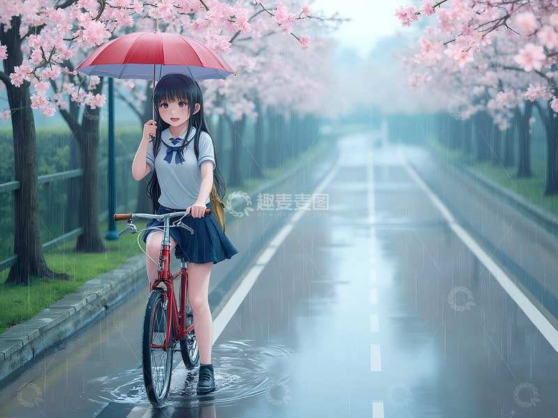 高清大图下载【趣麦麦图】雨中骑单车回家