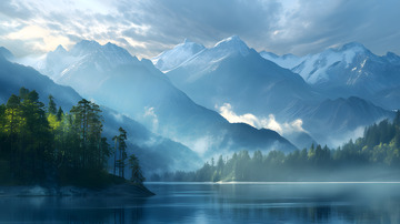 晴朗冬日下的雪山河流