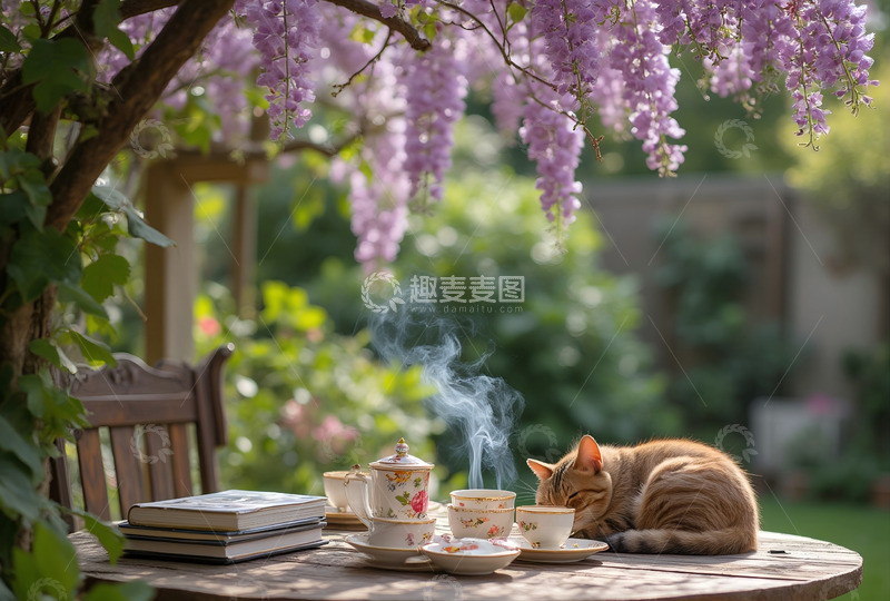 高清大图下载【趣麦麦图】 庭院午后品茶 