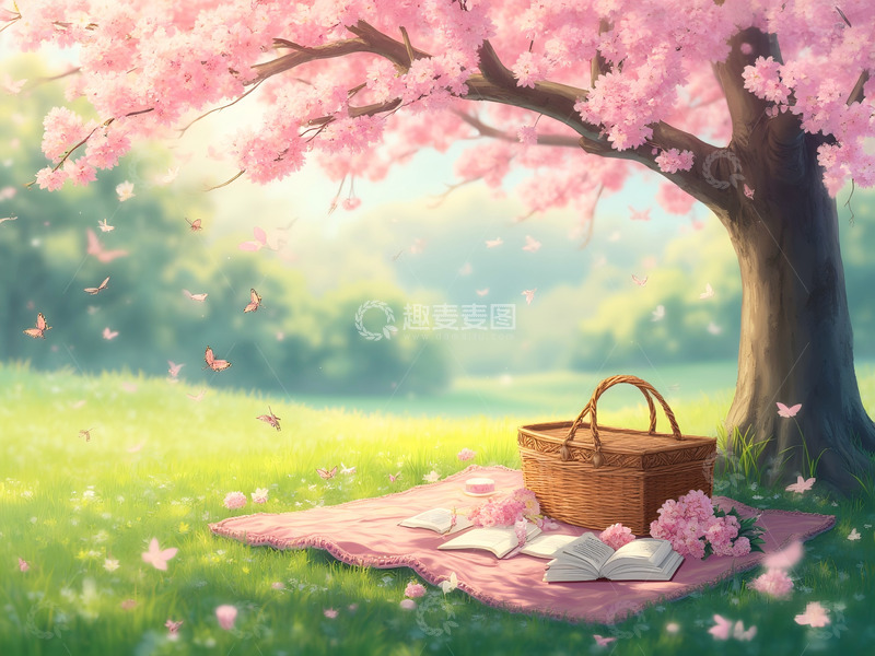 高清大图下载【趣麦麦图】樱花树下的野餐