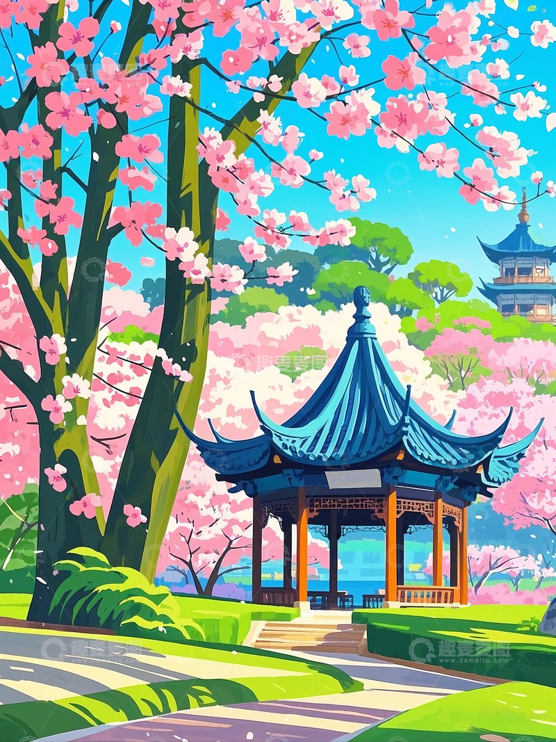 高清大图下载【趣麦麦图】樱花树下鼋头渚插画