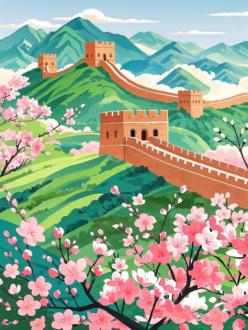 春日万里长城扁平风插画