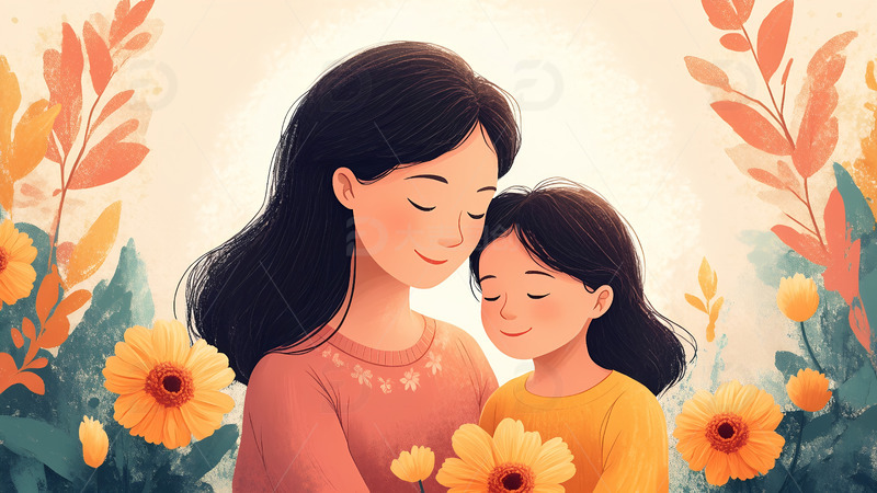 高清大图下载【趣麦麦图】创意卡通手绘妈妈和女儿插画1