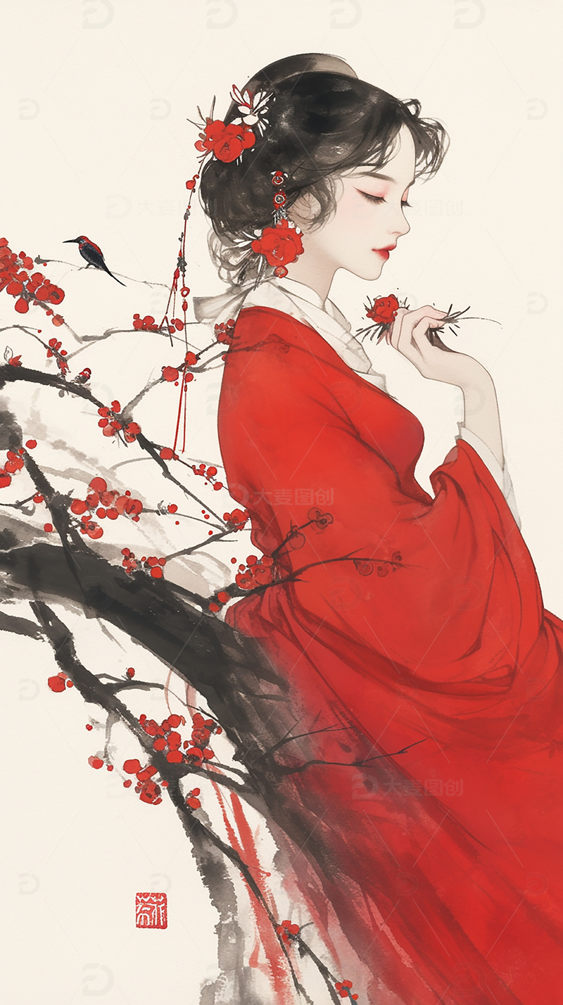 红梅旁红衣女子的静美瞬间