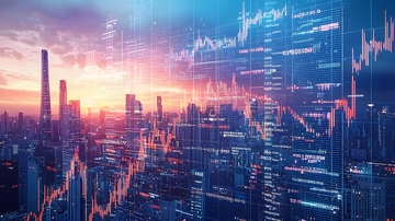  城市景象上叠加着半透明的金融数据图表1