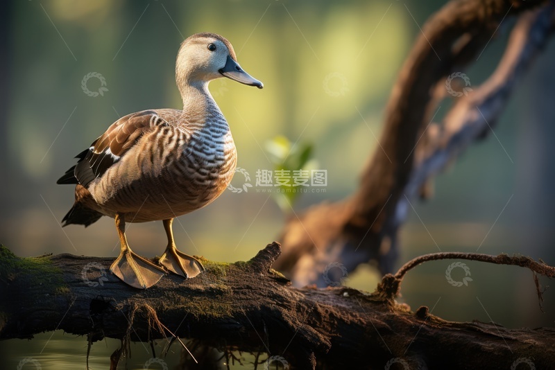 高清大图下载【趣麦麦图】站在树干上的野鸭子
