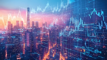  城市景象上叠加着半透明的金融数据图表2