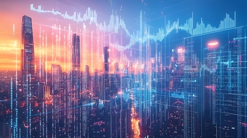  城市景象上叠加着半透明的金融数据图表