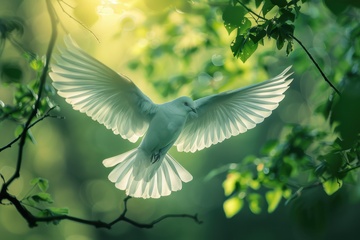 森林里飞翔的白鸽