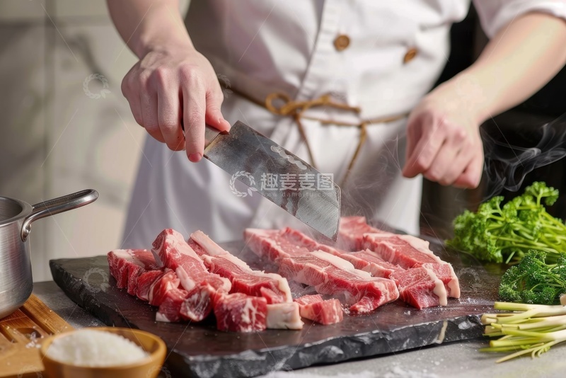 高清大图下载【趣麦麦图】厨师拿着刀切肉块