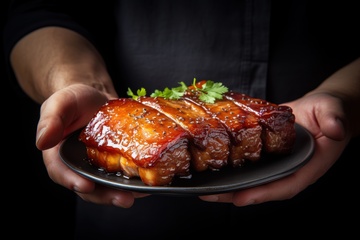厨师端着一盘卤肉