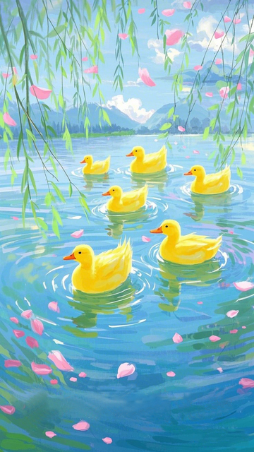 春日微波湖景垂柳倒映