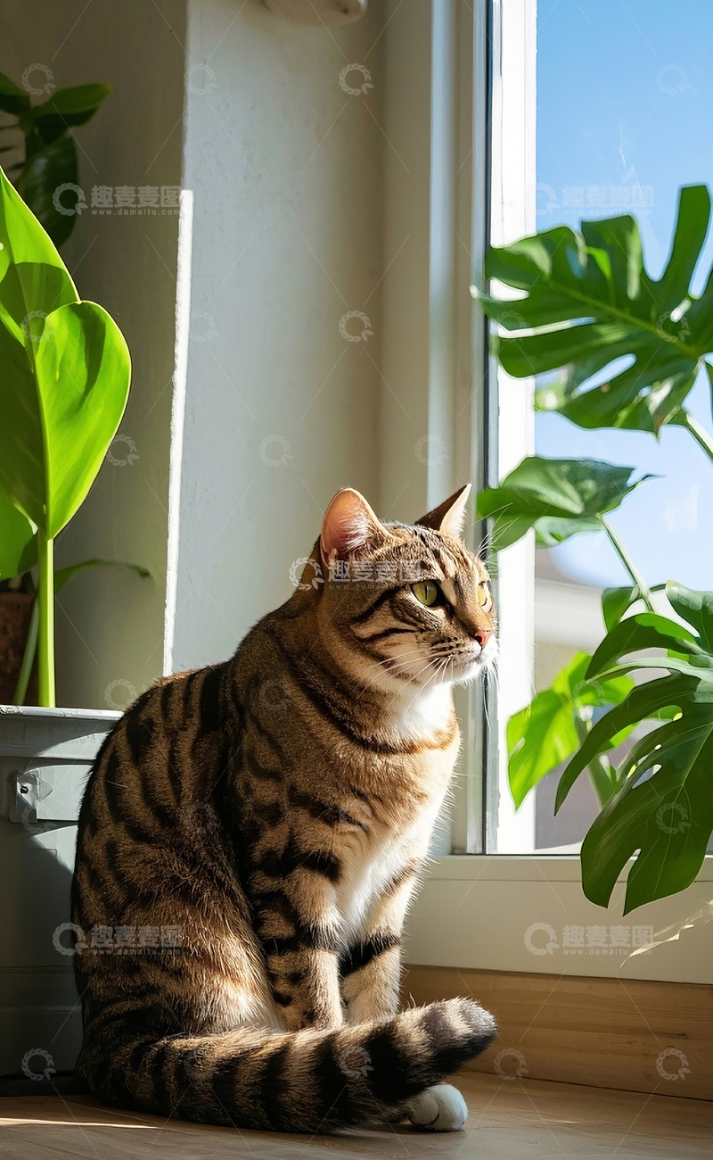 高清大图下载【趣麦麦图】猫看向窗外3