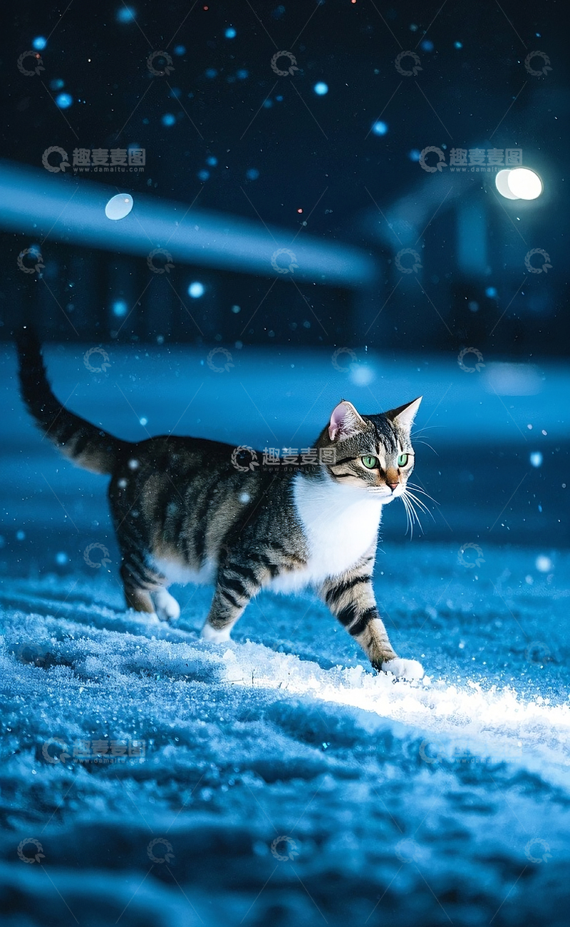 高清大图下载【趣麦麦图】小猫走在雪地中1