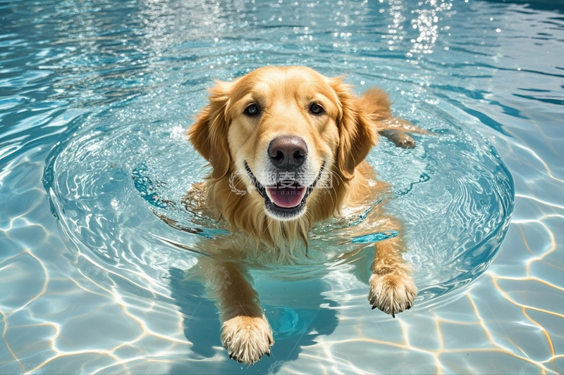 高清大图下载【趣麦麦图】金毛在泳池中游泳1