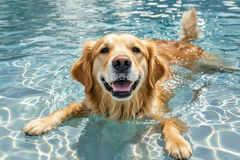 高清大图下载【趣麦麦图】金毛在泳池中游泳