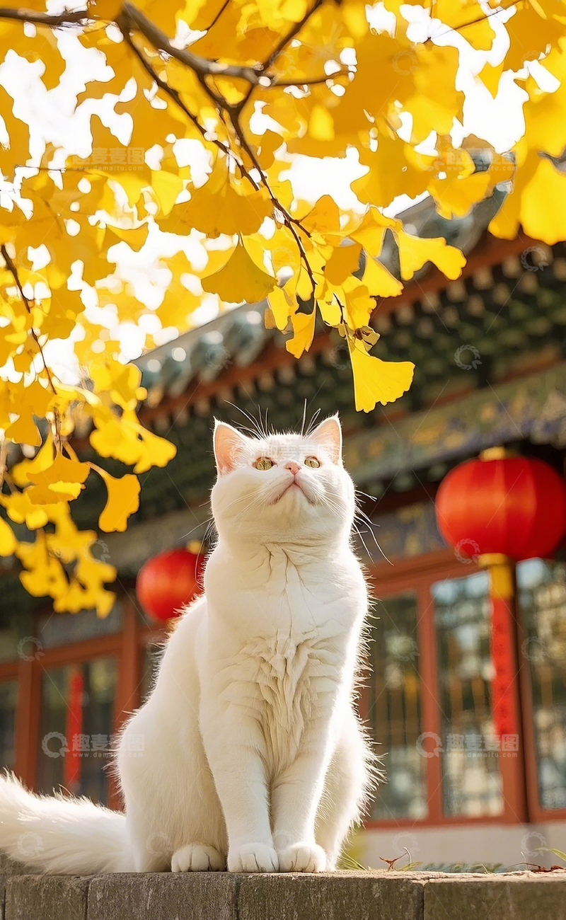 高清大图下载【趣麦麦图】猫看着银杏树