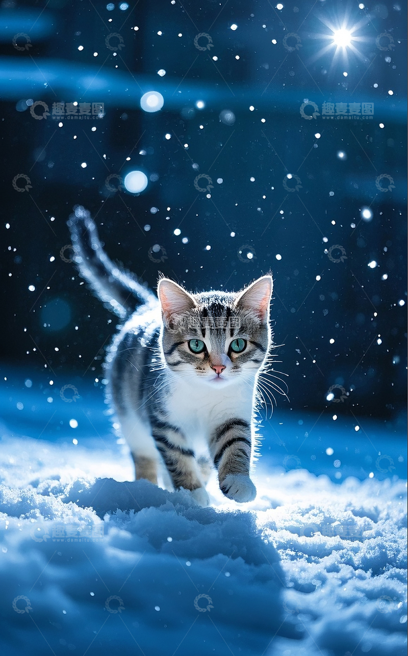 高清大图下载【趣麦麦图】小猫走在雪地中