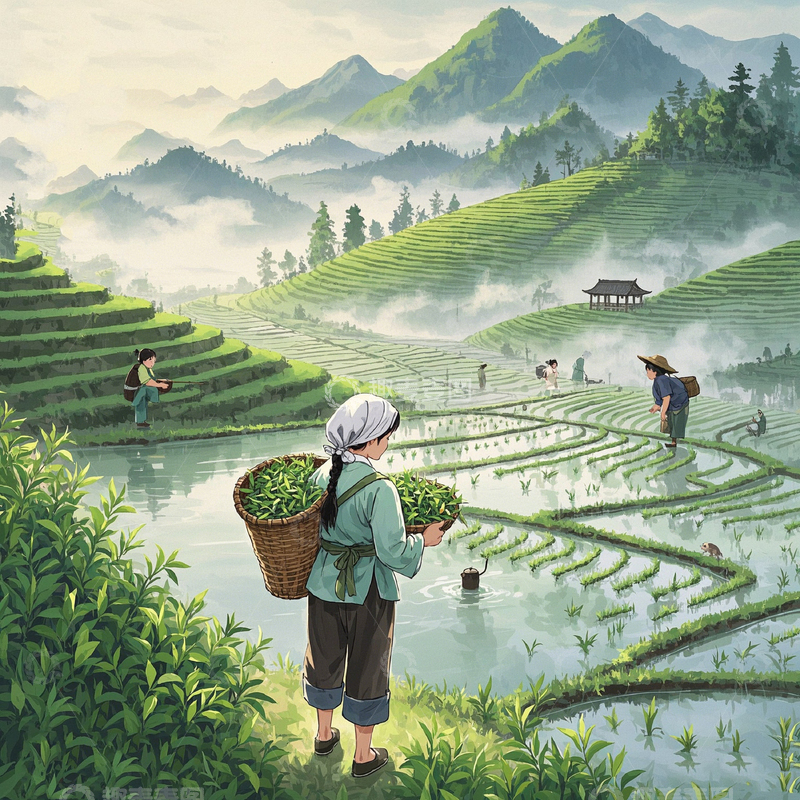 高清大图下载【趣麦麦图】谷雨-茶山晨曲