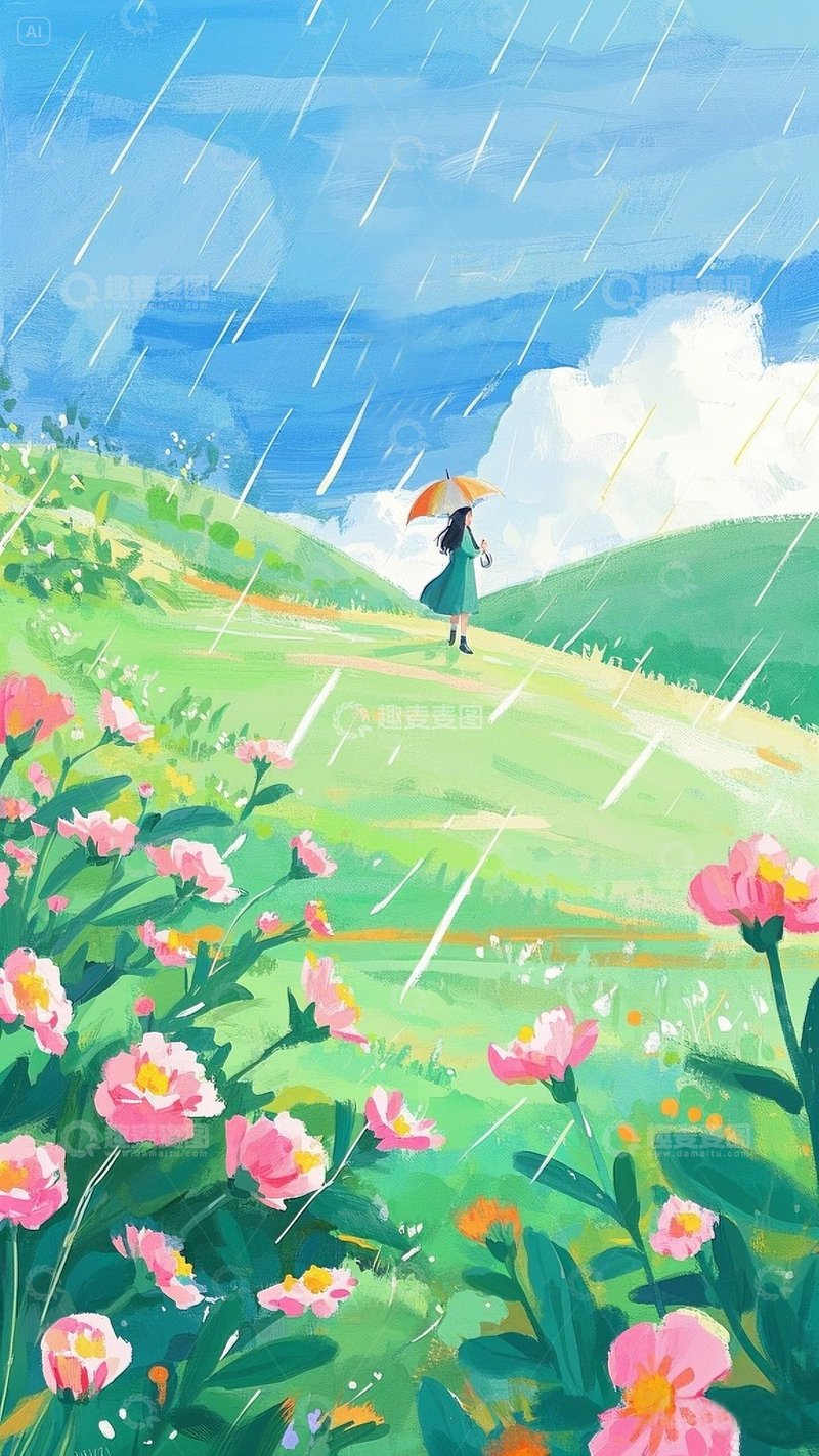 高清大图下载【趣麦麦图】春雨和小女孩