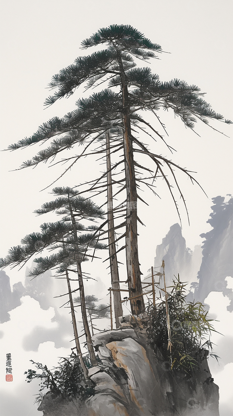 高清大图下载【趣麦麦图】云雾间孤岩青松的坚毅之态