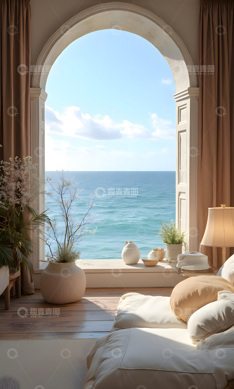 高清大图下载【趣麦麦图】开阔的海景简约雅致的现代风格室内居家空间 