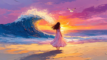 油画风格海边的少女背影插画1
