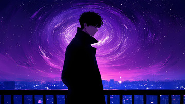 油画风格星空下的男生手绘插画