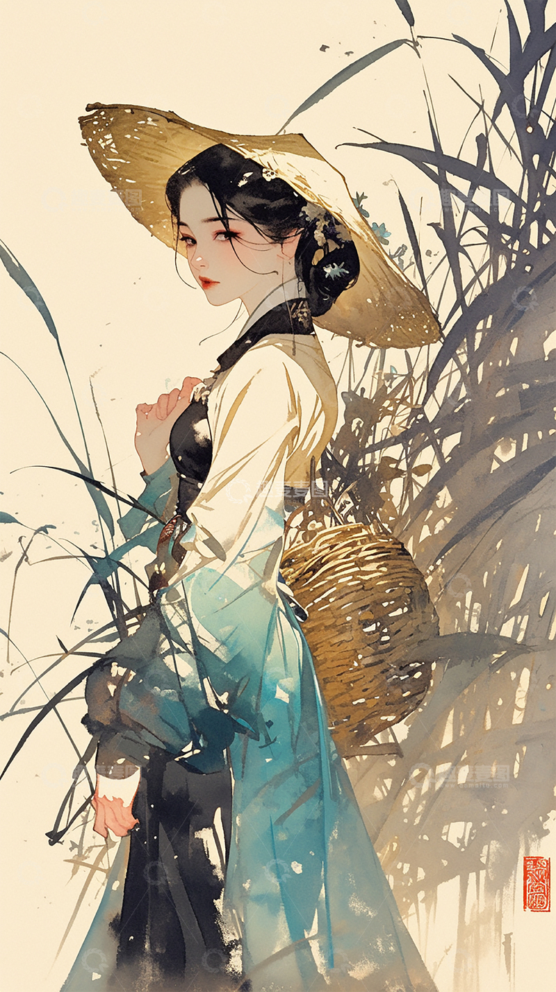 高清大图下载【趣麦麦图】苇丛间挎篮女子的悠然之姿