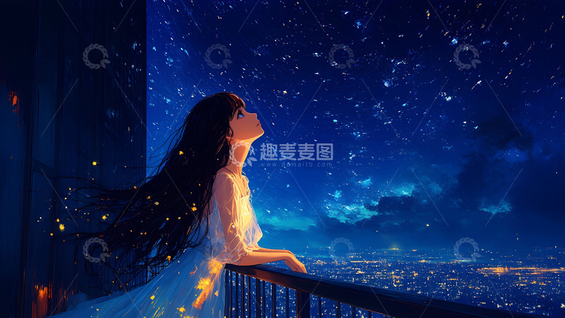 高清大图下载【趣麦麦图】油画风格天台望风的女孩手绘插画