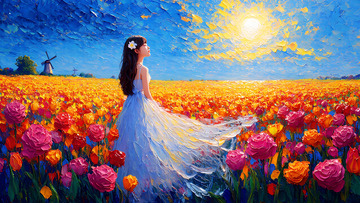 油画风格花海里的少女背影插画1