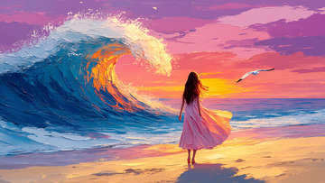 油画风格海边的少女背影插画