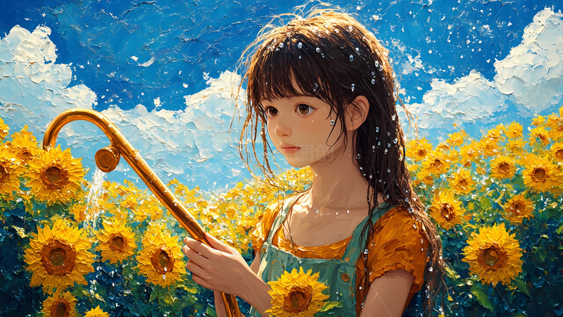 高清大图下载【趣麦麦图】油画风格向日葵花园里浇水的女孩插画1