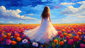 油画风格花海里的少女背影插画